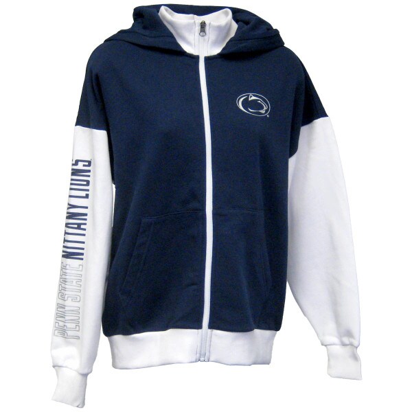 women's navy full zip hoodie with white sleeves, Penn State Nittany Lions up right sleeve